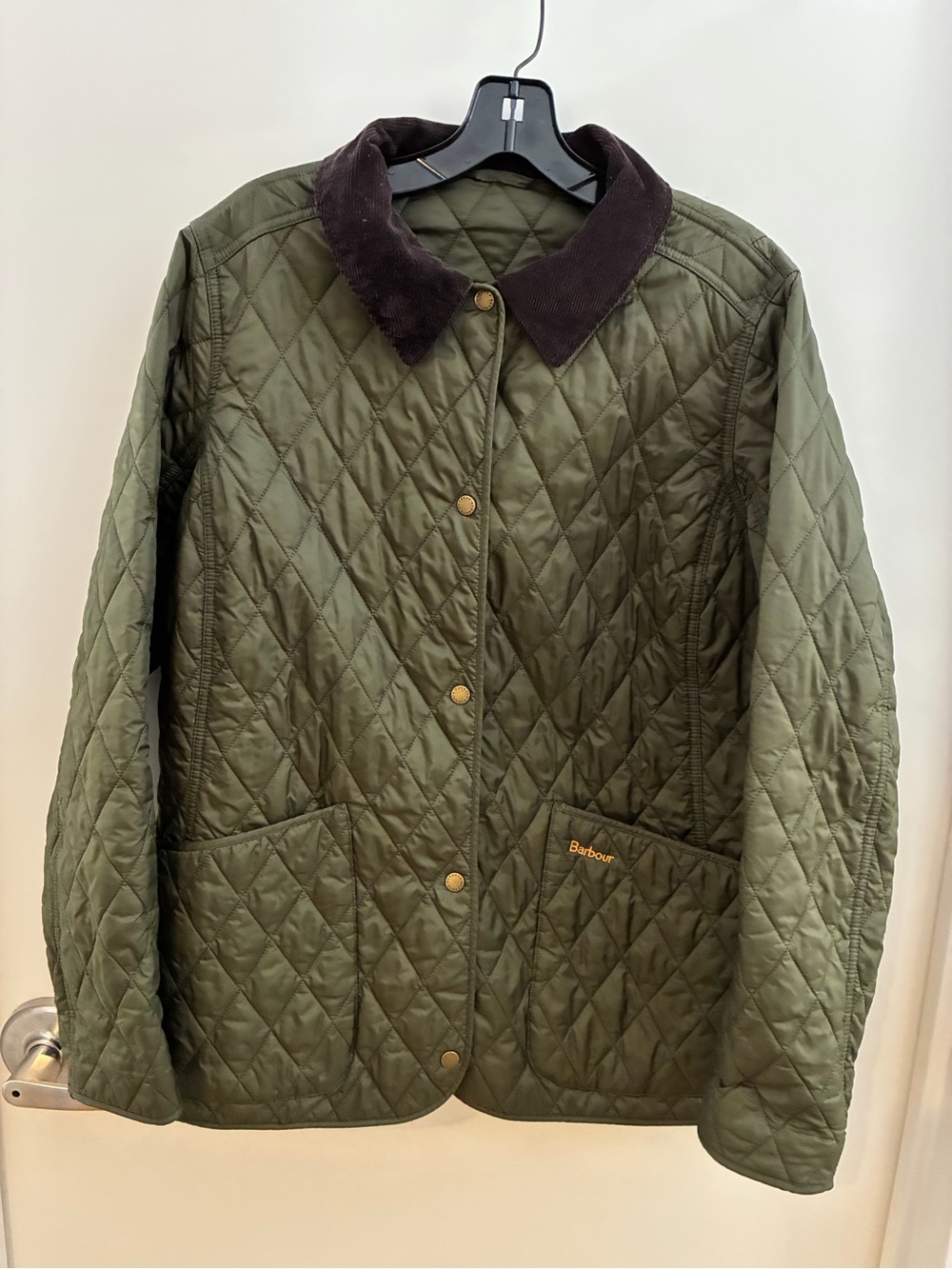 Barbour Dark Green Quilted Jacket with Dark Brown Cord Collar 16 EUC